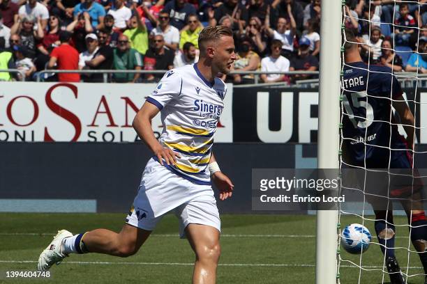 Antonin Barak of Hellas Verona celebrates his goal 0-1 during the Serie A match between Cagliari Calcio and Hellas Verona FC at Sardegna Arena on...