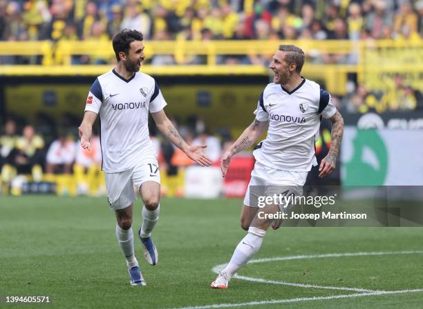 Gerrit Holtmann of VfL Bochum 1848 is congratulated by Sebastian Polter of VfL Bochum 1848 after scoring the second goal during the Bundesliga match...