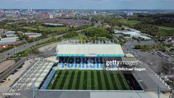 An aerial view of Elland Road is seen prior to the Premier League match between Leeds United and Manchester City at Elland Road on April 30, 2022 in...