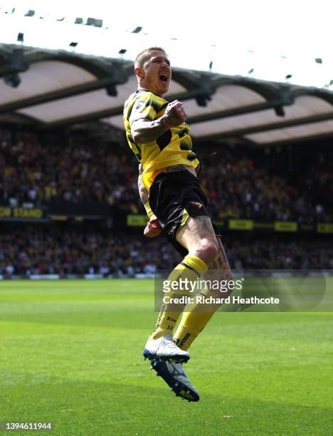 Juraj Kucka of Watford FC celebrates after an own goal by James Tarkowski of Burnley during the Premier League match between Watford and Burnley at...