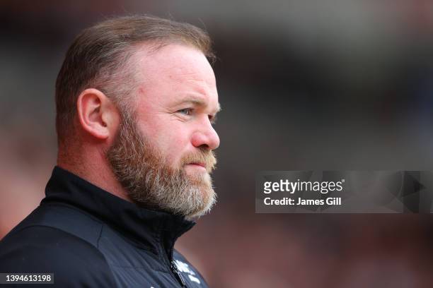 Wayne Rooney, manager of Derby County, looks onduring the Sky Bet Championship match between Blackpool and Derby County at Bloomfield Road on April...
