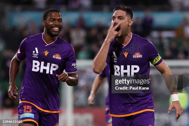 Bruno Fornaroli of the Glory celebrates a goal during the A-League Mens match between Perth Glory and Western Sydney Wanderers at HBF Park, on April...