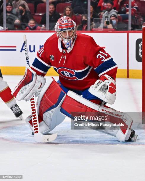 Carey Price of the Montreal Canadiens tends net against the Florida Panthers during the first period at Centre Bell on April 29, 2022 in Montreal,...