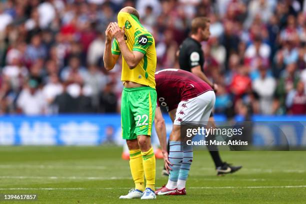 Teemu Pukki of Norwich City reacts during the Premier League match between Aston Villa and Norwich City at Villa Park on April 30, 2022 in...