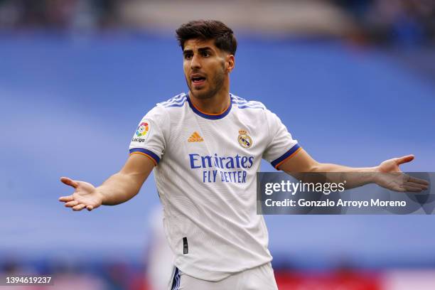 Marco Asensio of Real Madrid reacts during the LaLiga Santander match between Real Madrid CF and RCD Espanyol at Estadio Santiago Bernabeu on April...