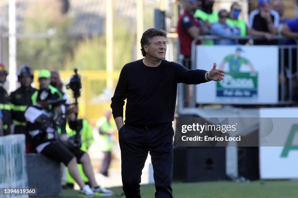 Coach of Cagliari Walter Mazzarri reacts during the Serie A match between Cagliari Calcio and Hellas Verona FC at Sardegna Arena on April 30, 2022 in...