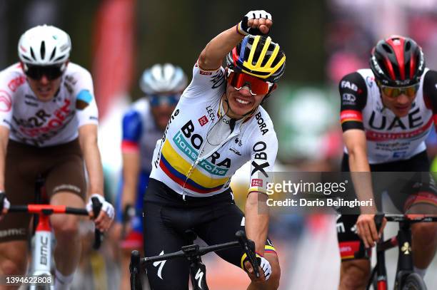 Sergio Andres Higuita Garcia of Colombia and Bora - Hansgrohe Team celebrates at finish line as stage winner during the 75th Tour De Romandie 2022 -...