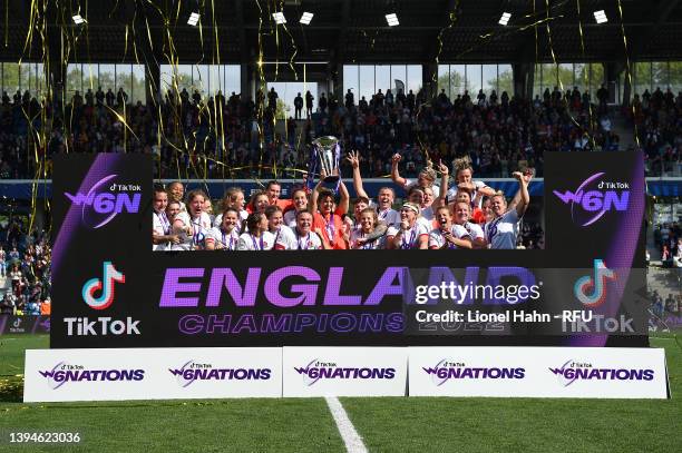 Sarah Hunter of England lifts the trophy after winning the grand slam following the TikTok Women's Six Nations match between France and England at...