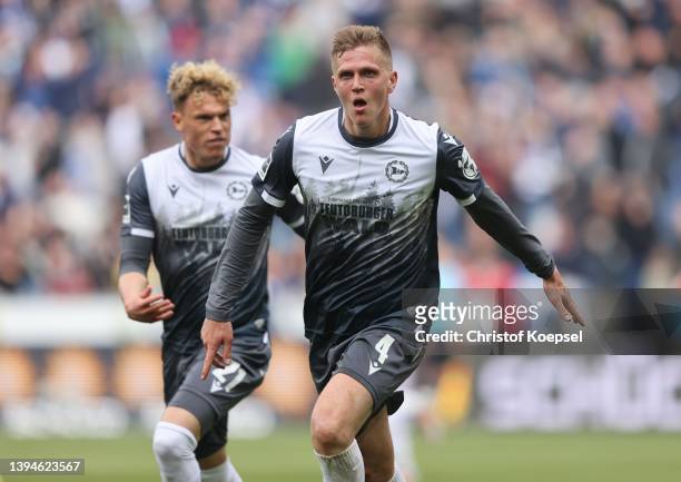 Joakim Nilsson of Arminia Bielefeld celebrates scoring a goal during the Bundesliga match between DSC Arminia Bielefeld and Hertha BSC at Schueco...