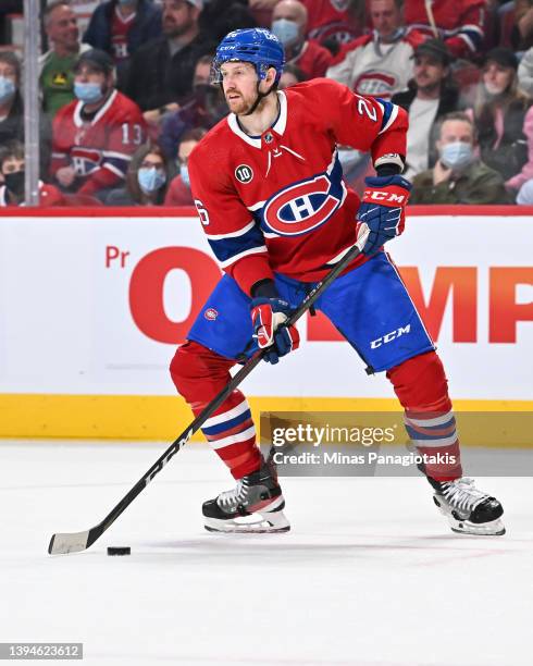 Jeff Petry of the Montreal Canadiens skates the puck against the Florida Panthers during the third period at Centre Bell on April 29, 2022 in...