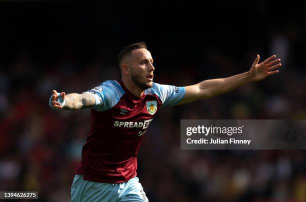 Josh Brownhill of Burnley celebrates after scoring their team's second goal during the Premier League match between Watford and Burnley at Vicarage...