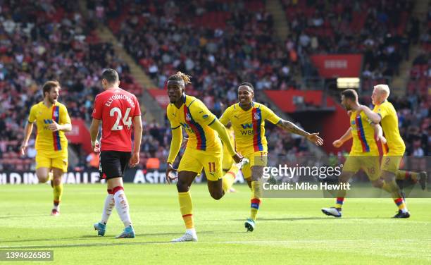 Wilfried Zaha of Crystal Palace celebrates after scoring their team's second goal during the Premier League match between Southampton and Crystal...