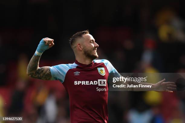 Josh Brownhill of Burnley celebrates after their sides victory during the Premier League match between Watford and Burnley at Vicarage Road on April...