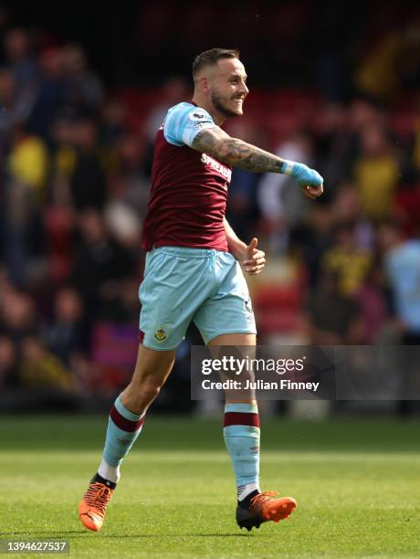Josh Brownhill of Burnley celebrates after their sides victory during the Premier League match between Watford and Burnley at Vicarage Road on April...