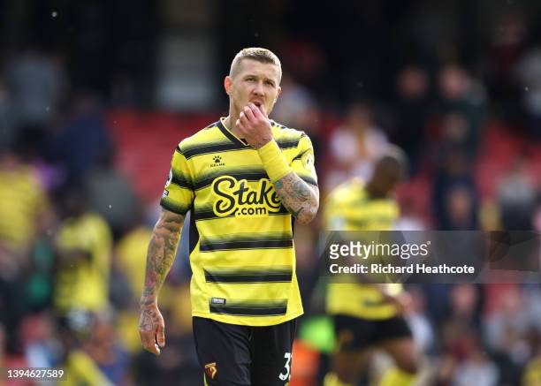 Juraj Kucka of Watford FC looks dejected following their side's defeat in the Premier League match between Watford and Burnley at Vicarage Road on...