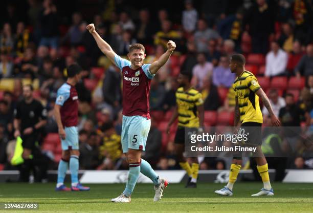 James Tarkowski of Burnley celebrates after their sides victory during the Premier League match between Watford and Burnley at Vicarage Road on April...