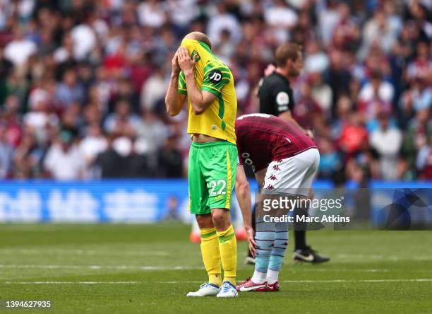 Teemu Pukki of Norwich City reacts during the Premier League match between Aston Villa and Norwich City at Villa Park on April 30, 2022 in...