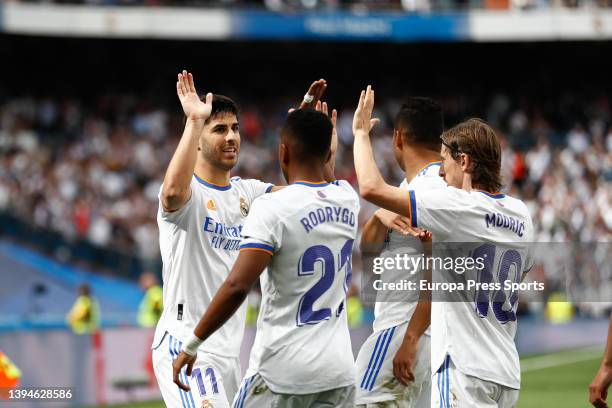 Marco Asensio of Real Madrid celebrates a goal during the spanish league, La Liga Santander, football match played between Real Madrid and RCD...