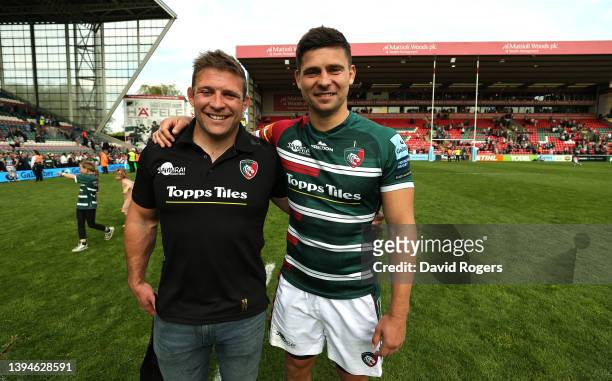 Leicester Tigers former captain, Tom Youngs poses with his brother Ben Youngs after announcing his retirement from rugby during the Gallagher...