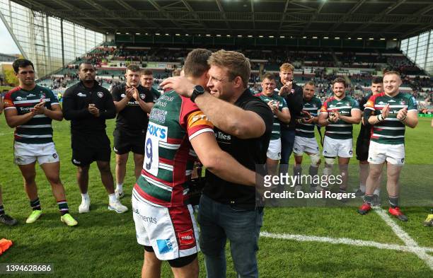 Leicester Tigers former captain, Tom Youngs is hugged by his brother Ben Youngs after announcing his retirement from rugby during the Gallagher...