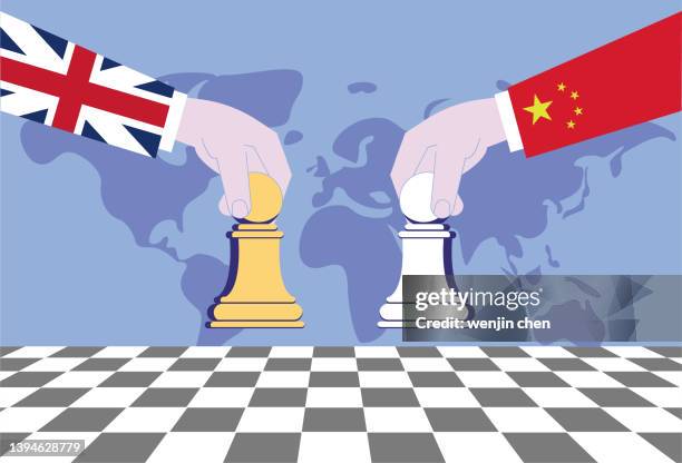 the uk and china play chess, and the two countries compete economically, trade and politically. - bishop chess piece stock illustrations