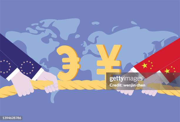 china and the eu tug-of-war, economic and trade competition - hands pulling rope stock illustrations