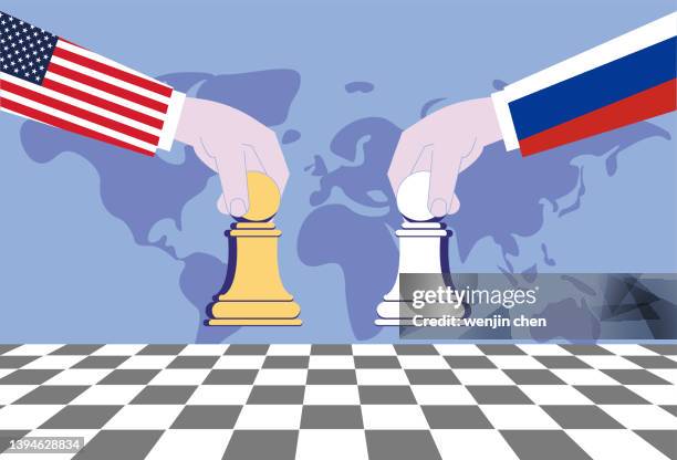 ilustraciones, imágenes clip art, dibujos animados e iconos de stock de estados unidos y rusia juegan al ajedrez, y la competencia económica, comercial y política entre los dos países. - torre pieza de ajedrez