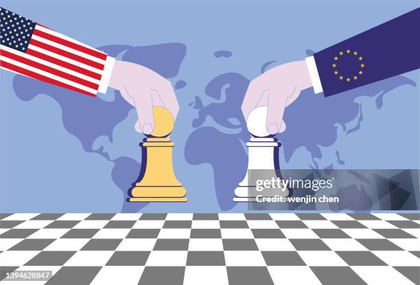 stockillustraties, clipart, cartoons en iconen met the european union and the united states play chess, and the economic, trade and political competition between the two countries - handelsoorlog