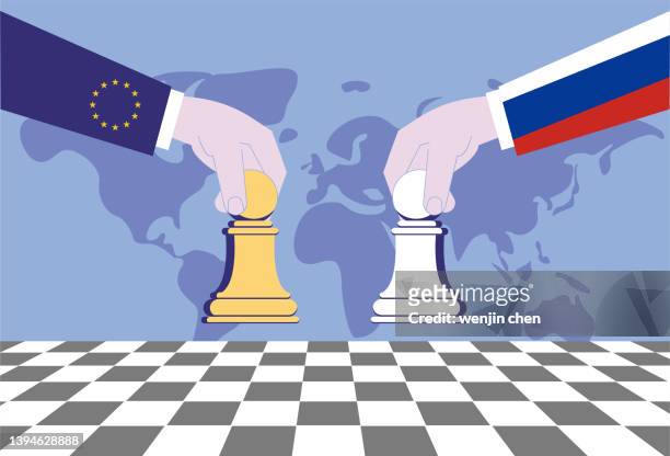 the eu and russia play chess, the economic, trade and political competition between the two countries - trade war stock illustrations
