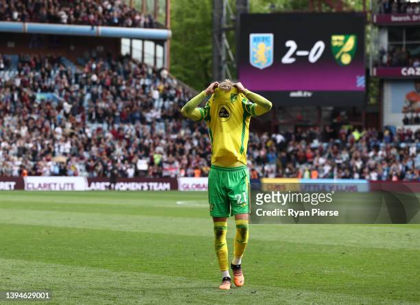 Brandon Williams of Norwich City looks dejected following their side's defeat and relegation to the Championship during the Premier League match...