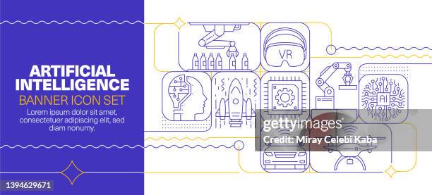 artificial intelligence line icon set and banner design - robotics stock illustrations