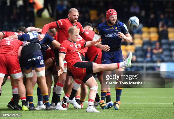 Aled Davies of Saracens kicks during the Gallagher Premiership Rugby match between Worcester Warriors and Saracens at Sixways Stadium on April 30,...