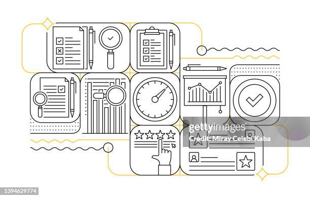 ilustrações de stock, clip art, desenhos animados e ícones de assessment line icon set and banner design - controle de qualidade