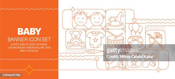 baby line icon set and banner design - child in space suit stock illustrations
