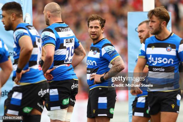 Danny Cipriani of Bath looks on after his side concede another try during the 0-64 defeat during the Gallagher Premiership Rugby match between...