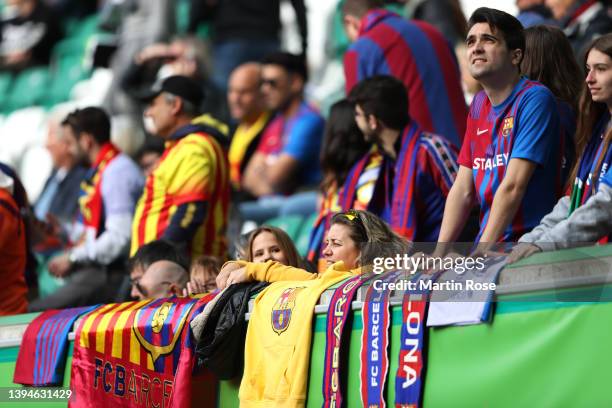 Barcelona fans look on from the stands during the UEFA Women's Champions League Semi Final Second Leg match between VfL Wolfsburg and FC Barcelona at...