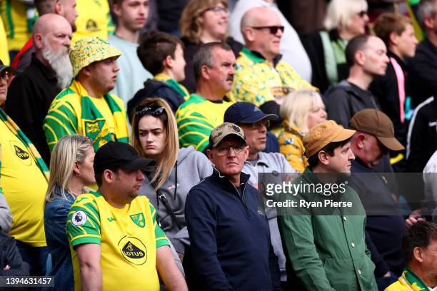 Norwich City fans look dejected following their side's defeat and relegation to the Championship during the Premier League match between Aston Villa...