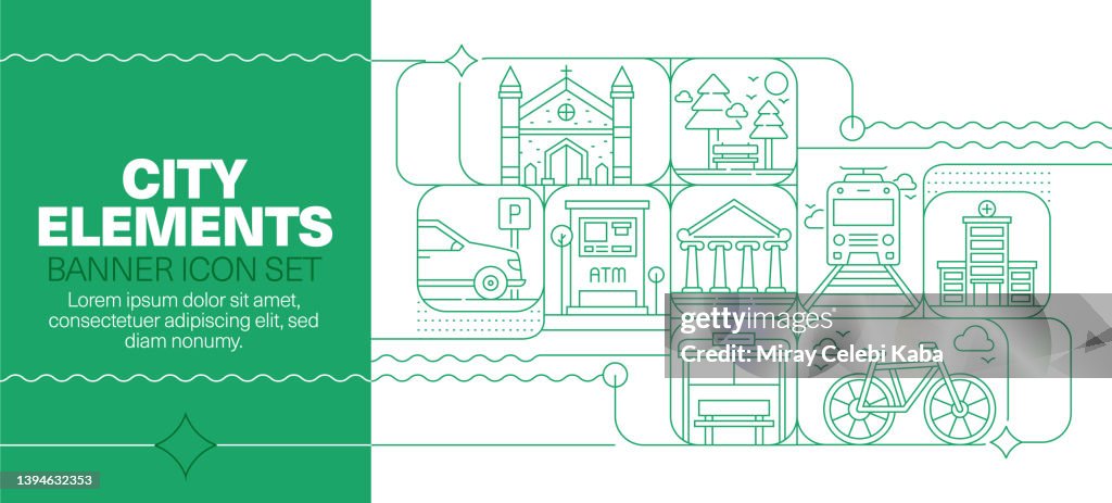 City Elements Line Icon Set and Banner Design
