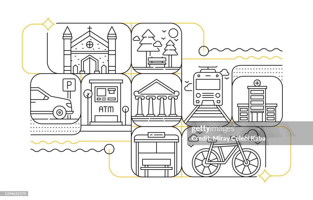 City Elements Line Icon Set and Banner Design