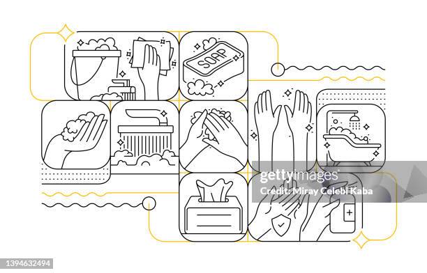 clean and hygienic line icon set and banner design - hand sponge stock illustrations
