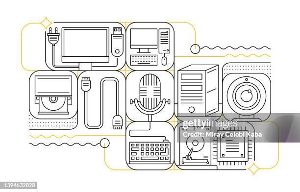 computer and devices line icon set and banner design - iphone keypad stock illustrations