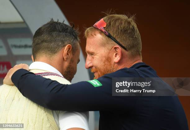 Jack Brooks and Steve Kirby, Bowling Coach of Somerset looks on following Day Three of the LV= Insurance County Championship match between Somerset...