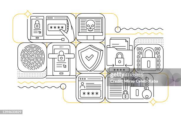 cyber security line icon set und banner design - pin eingabe stock-grafiken, -clipart, -cartoons und -symbole