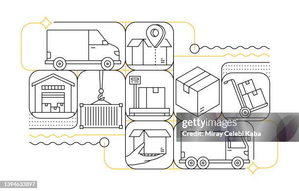 ilustrações, clipart, desenhos animados e ícones de conjunto de ícones da linha de entrega e design de banner - frete