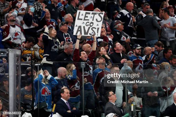 Fan of the Colorado Avalanche hold up a sign against the Nashville Predators at Ball Arena on April 28, 2022 in Denver, Colorado.