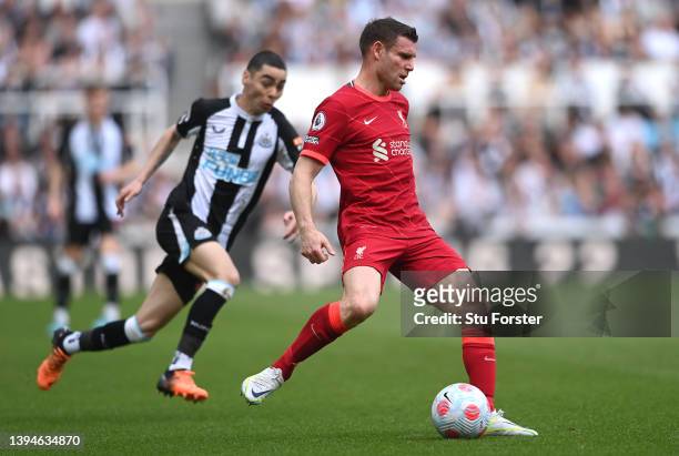 Liverpool player James Milner in action during the Premier League match between Newcastle United and Liverpool at St. James Park on April 30, 2022 in...