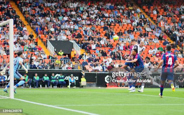Hugo Duro of Valencia CF scores their team's first goal during the LaLiga Santander match between Valencia CF and Levante UD at Estadio Mestalla on...