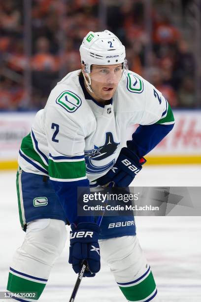 Luke Schenn of the Vancouver Canucks skates against the Edmonton Oilers during the first period at Rogers Place on April 29, 2022 in Edmonton, Canada.