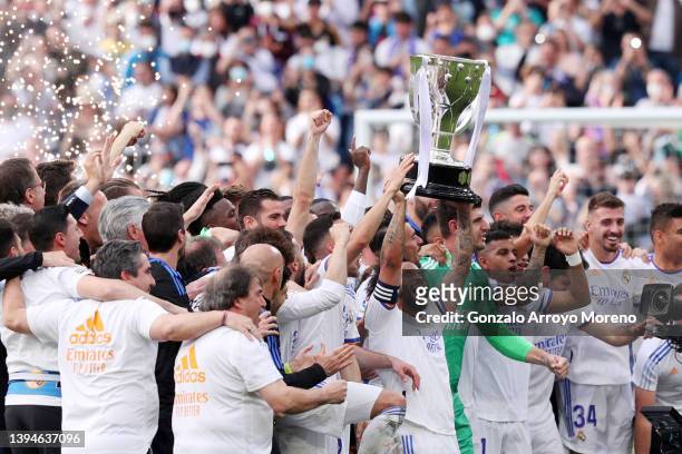 Marcelo of Real Madrid lifts the La Liga trophy following their victory in the LaLiga Santander match between Real Madrid CF and RCD Espanyol for...