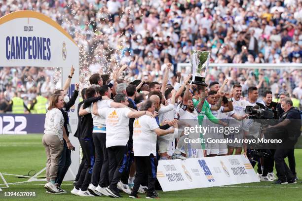 Marcelo of Real Madrid lifts the La Liga trophy following their victory in the LaLiga Santander match between Real Madrid CF and RCD Espanyol for...